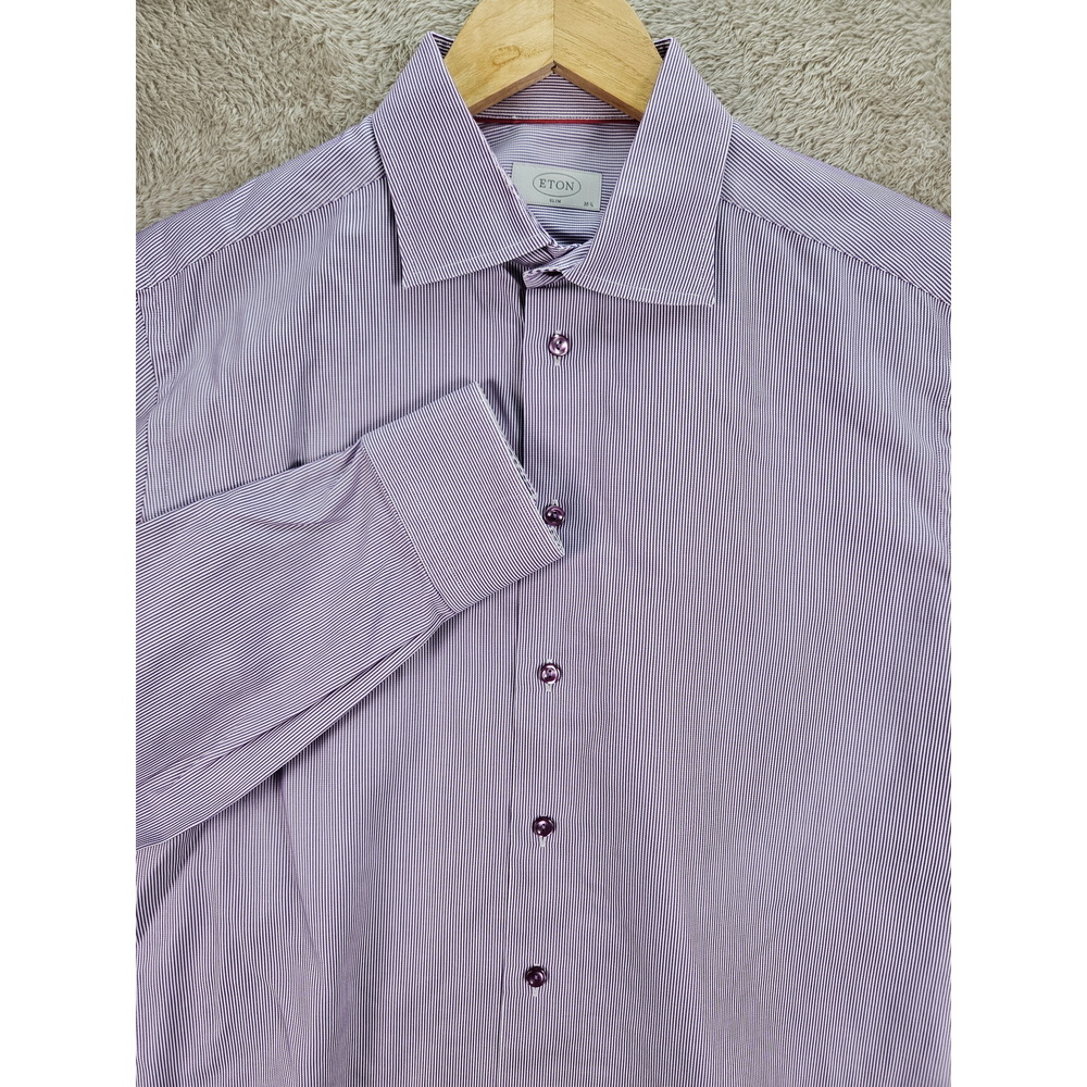 ETON Slim-Fit Fine Twill Dress Shirt Size 42 16.5 Purple and White Stripes